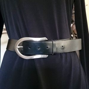 Express, black leather belt.